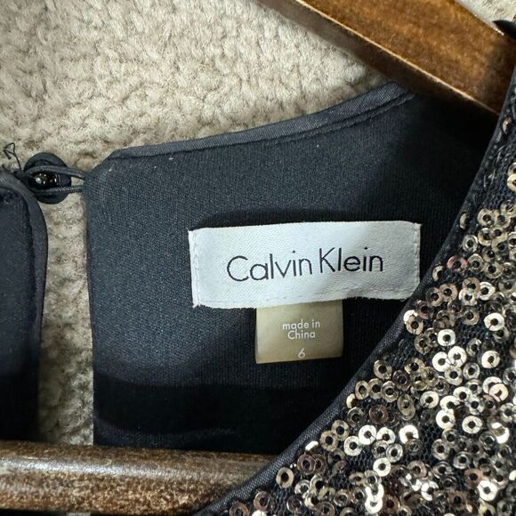 Calvin Klein Fit & Flare Dress Size 6 Gold/Black Sequin Taffeta Sleeveless Party - Picture 5 of 13